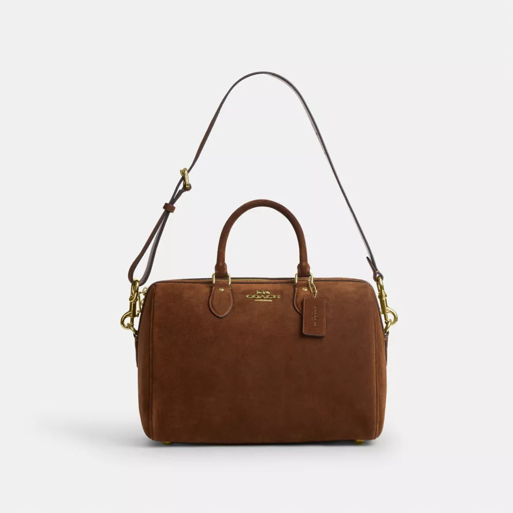 Rowan Large Satchel Bag - Suede/Gold/Warm Brown