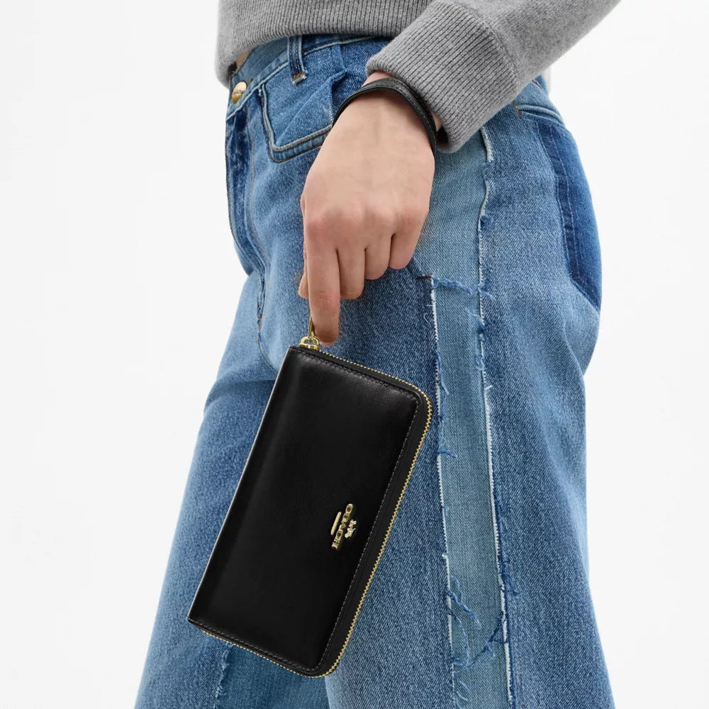 Long Zip Around Wallet - Crinkle Leather/Gold/Black