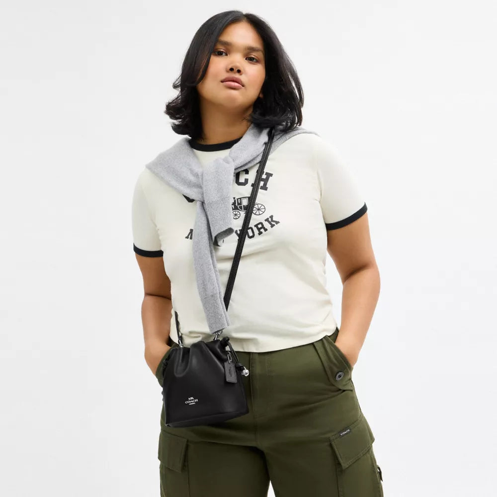 Faye Mini Drawstring Bag - Smooth Leather/Silver/Black