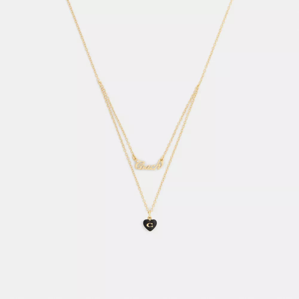 Coach Script Resin Heart Layered Necklace - Gold/Black