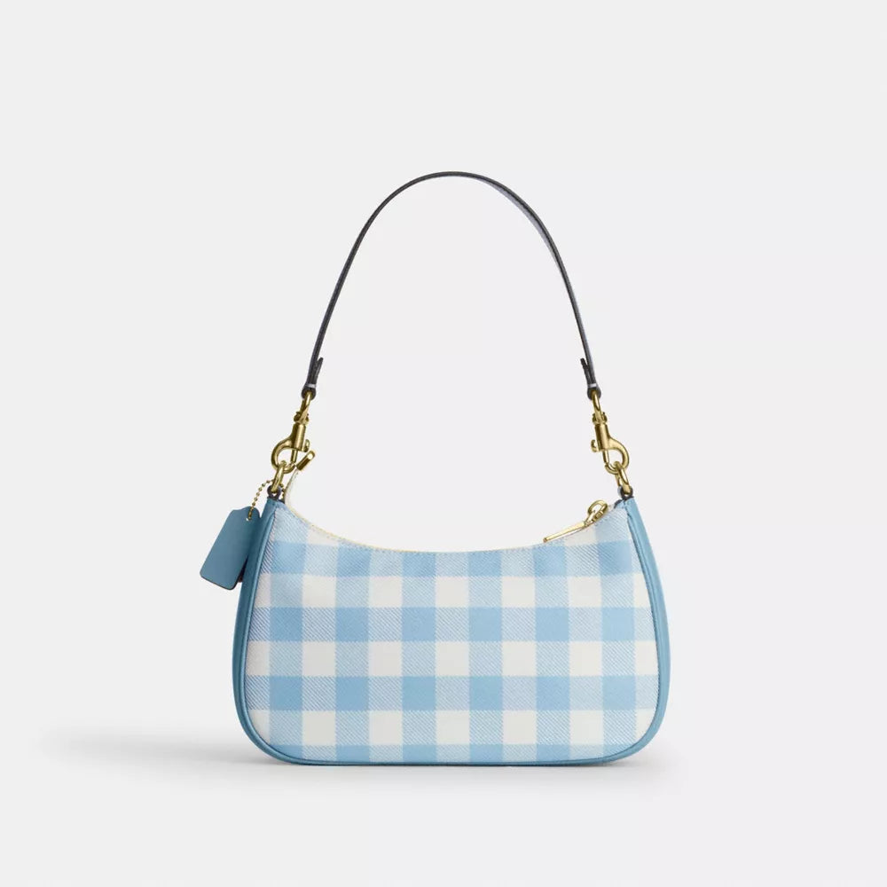 Teri Shoulder Bag With Gingham Print And Charm - Gold/Blue Multi