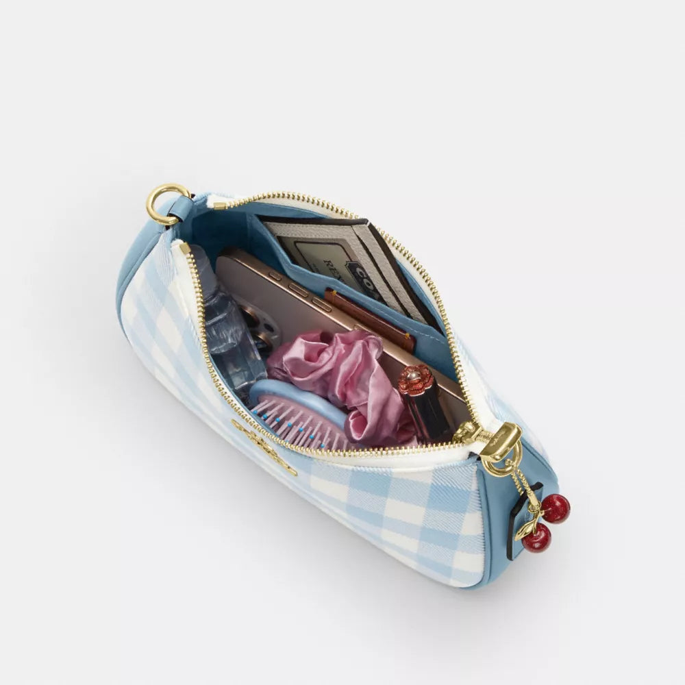 Teri Shoulder Bag With Gingham Print And Charm - Gold/Blue Multi