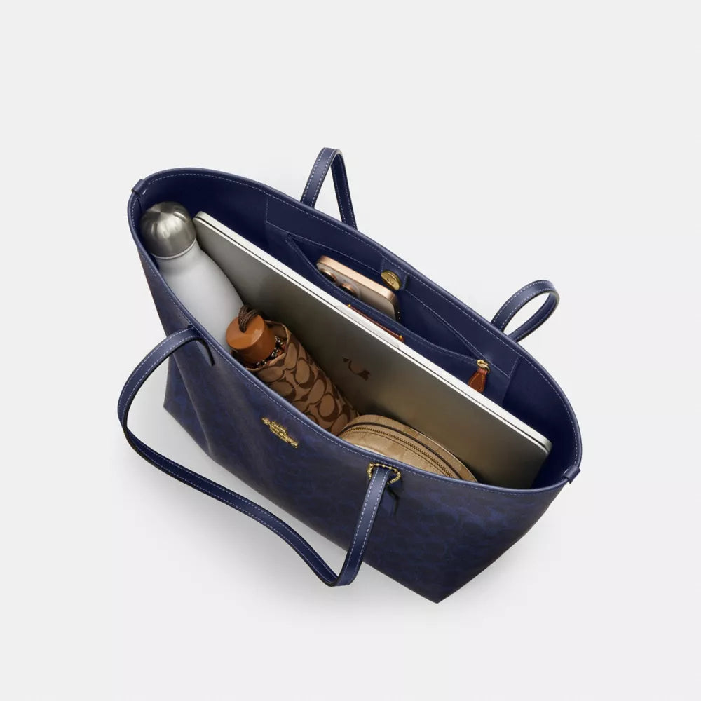 City Tote Bag In Signature Canvas - Gold/Navy