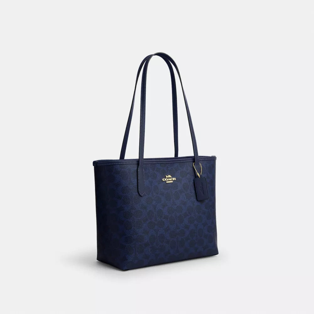 Medium City Tote Bag In Signature Canvas - Gold/Navy