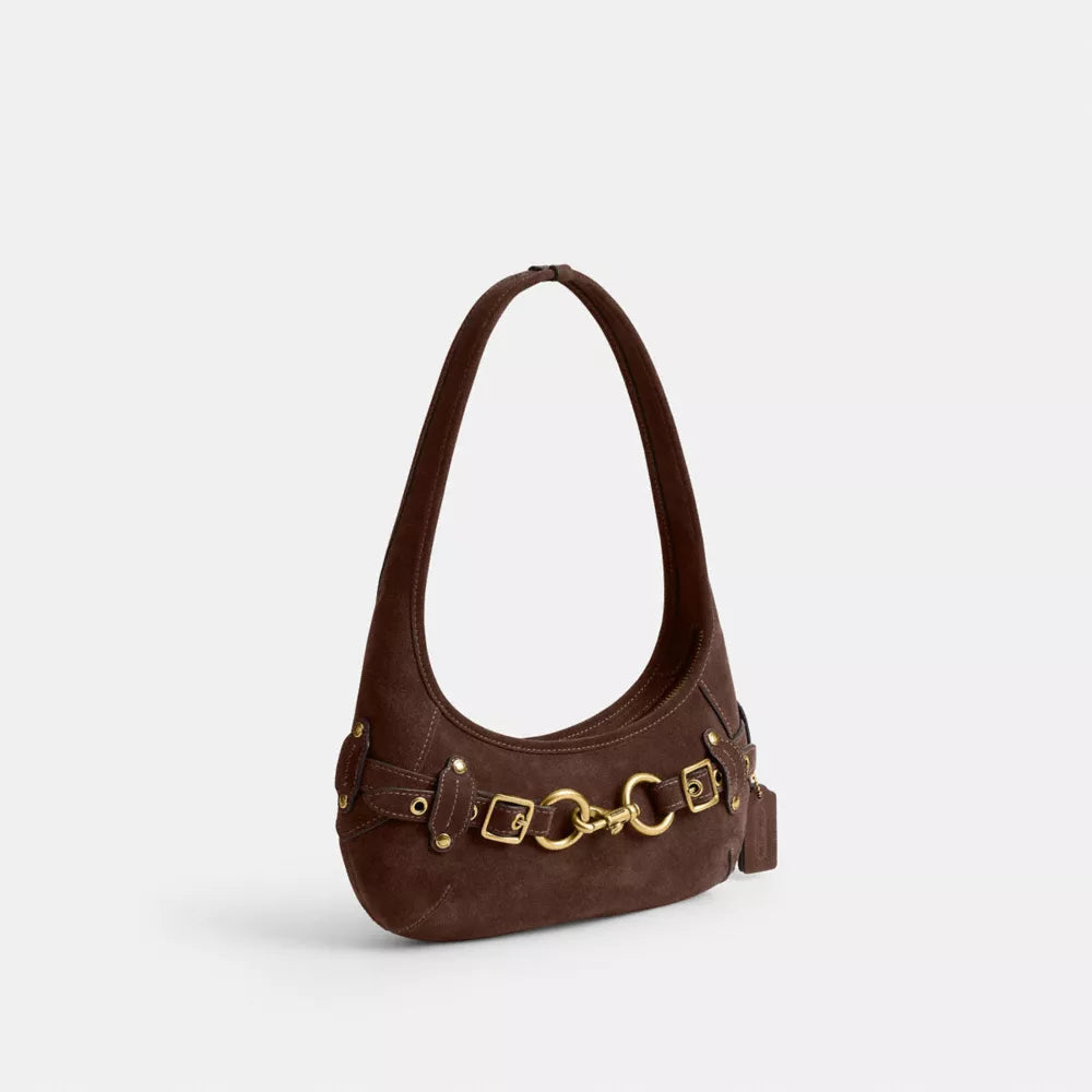 Belted Ergo Shoulder Bag 26 - Suede/Brass/Dark Chocolate