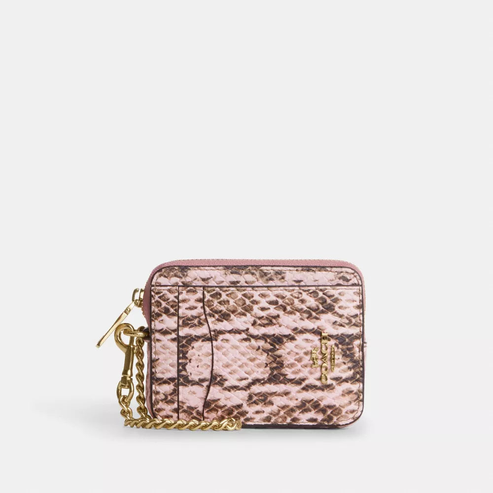 Zip Card Case - Snake Embossed Leather/Gold/Pink