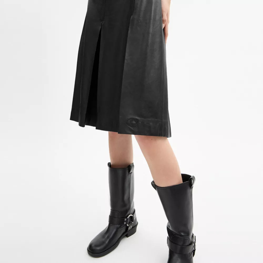 Pleated Leather Midi Skirt - Black