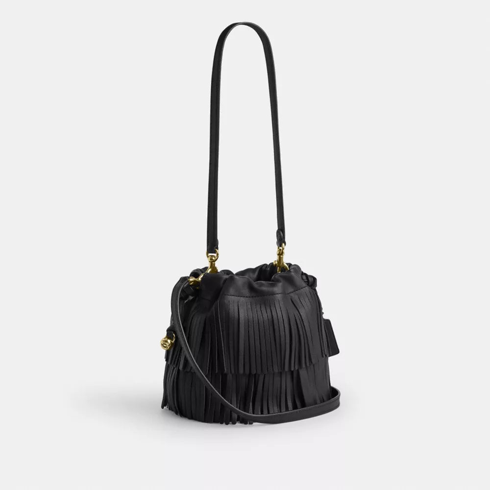 Faye Mini Drawstring Bag With Fringe - Leather/Gold/Black