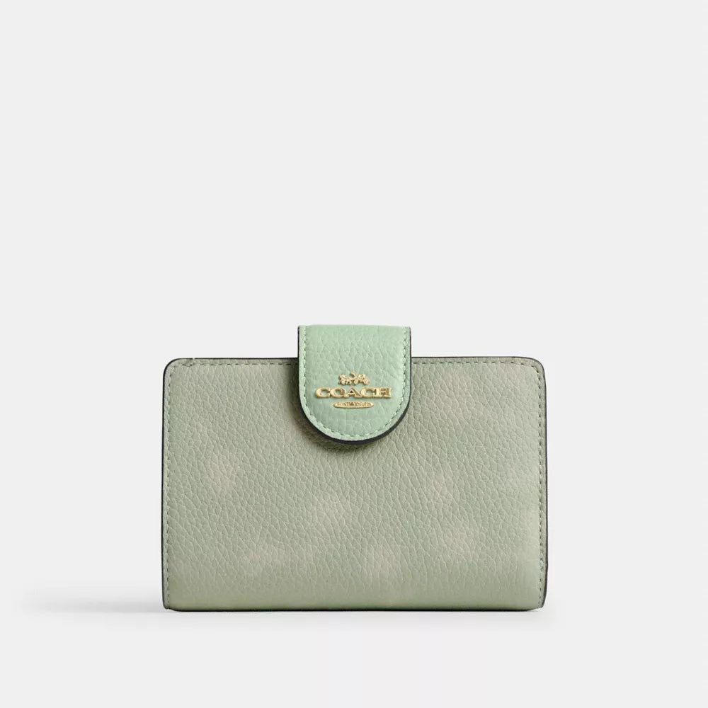Medium Corner Zip Wallet With Floral Print - Gold/Pale Green