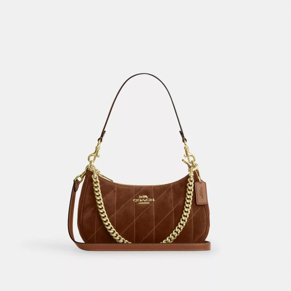 Teri Shoulder Bag With Quilting - Suede/Gold/Warm Brown