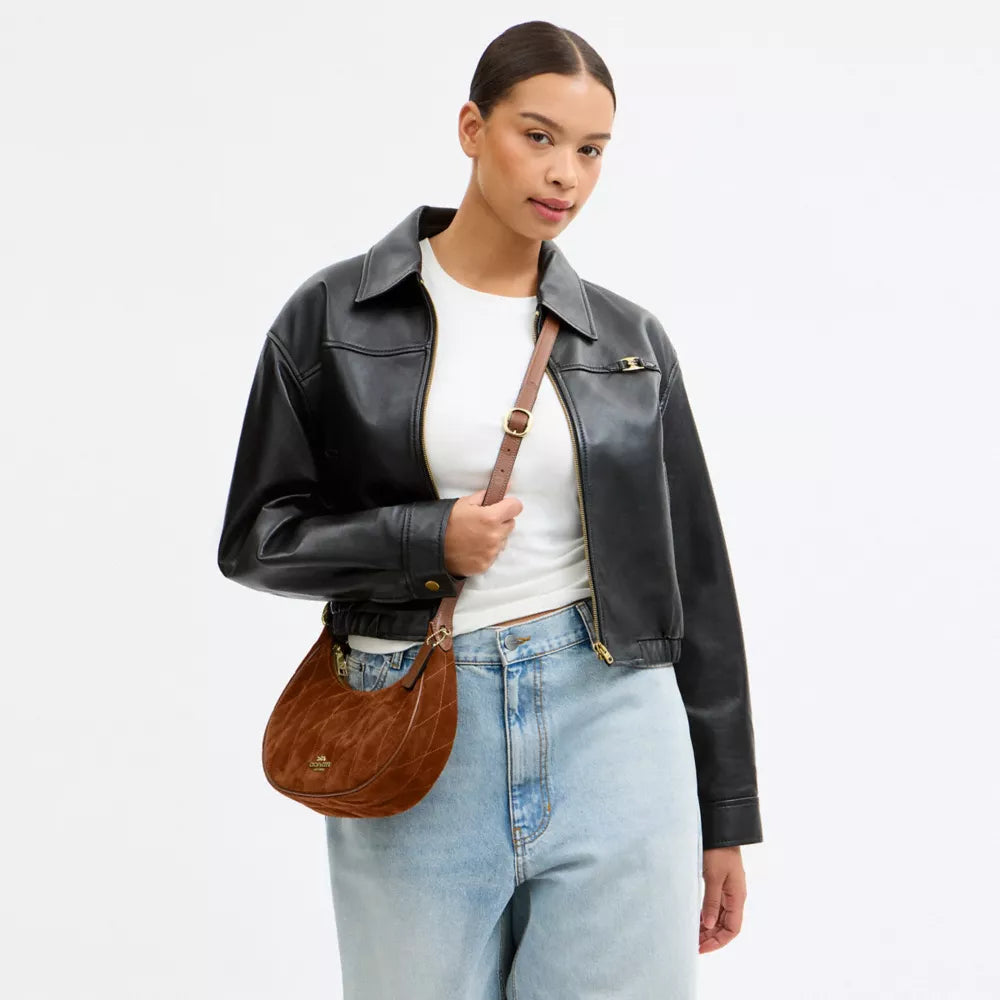 Emily Shoulder Bag With Quilting - Suede/Gold/Warm Brown