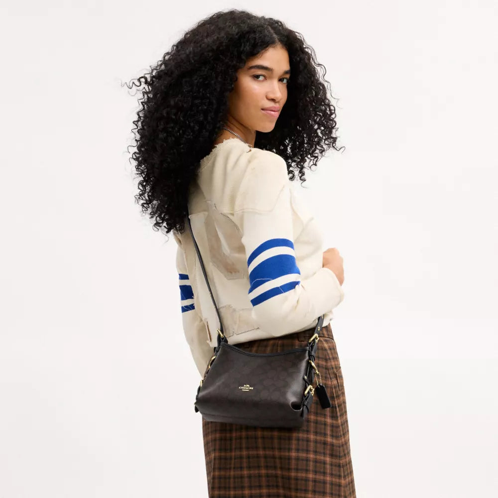 Laurel Shoulder Bag 22 With Buckles In Signature Canvas - Signature Canvas/Gold/Walnut/Black