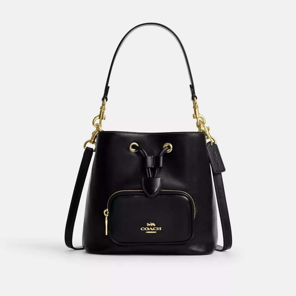 Rowan Bucket Bag With Pocket - Crinkle Leather/Gold/Black