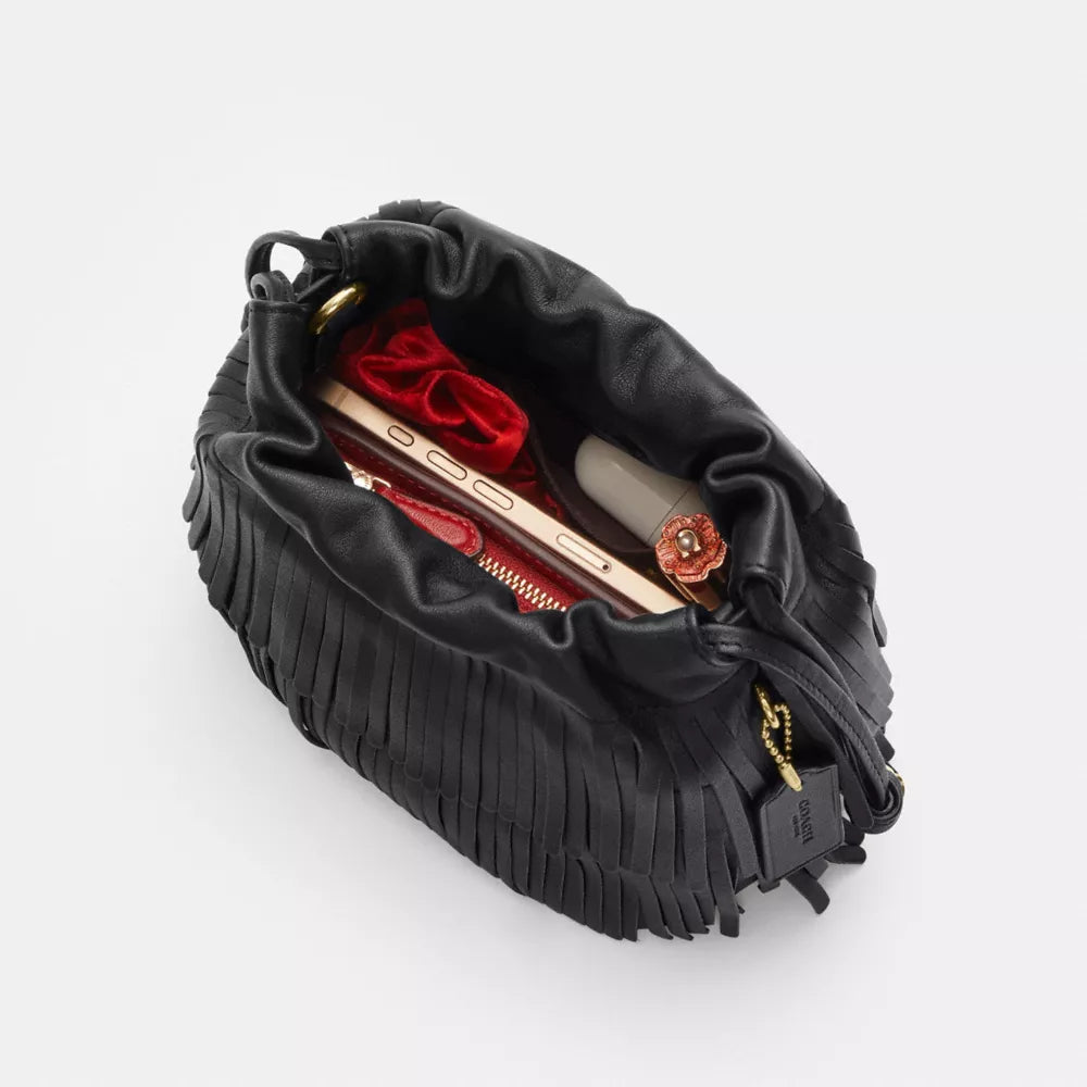 Faye Mini Drawstring Bag With Fringe - Leather/Gold/Black