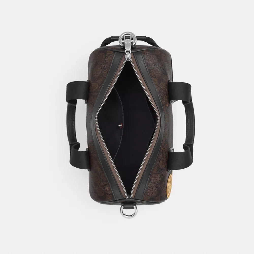 Explorer Duffle Bag 28 In Signature Canvas With Patches - Signature Canvas/Sv/Walnut/Black