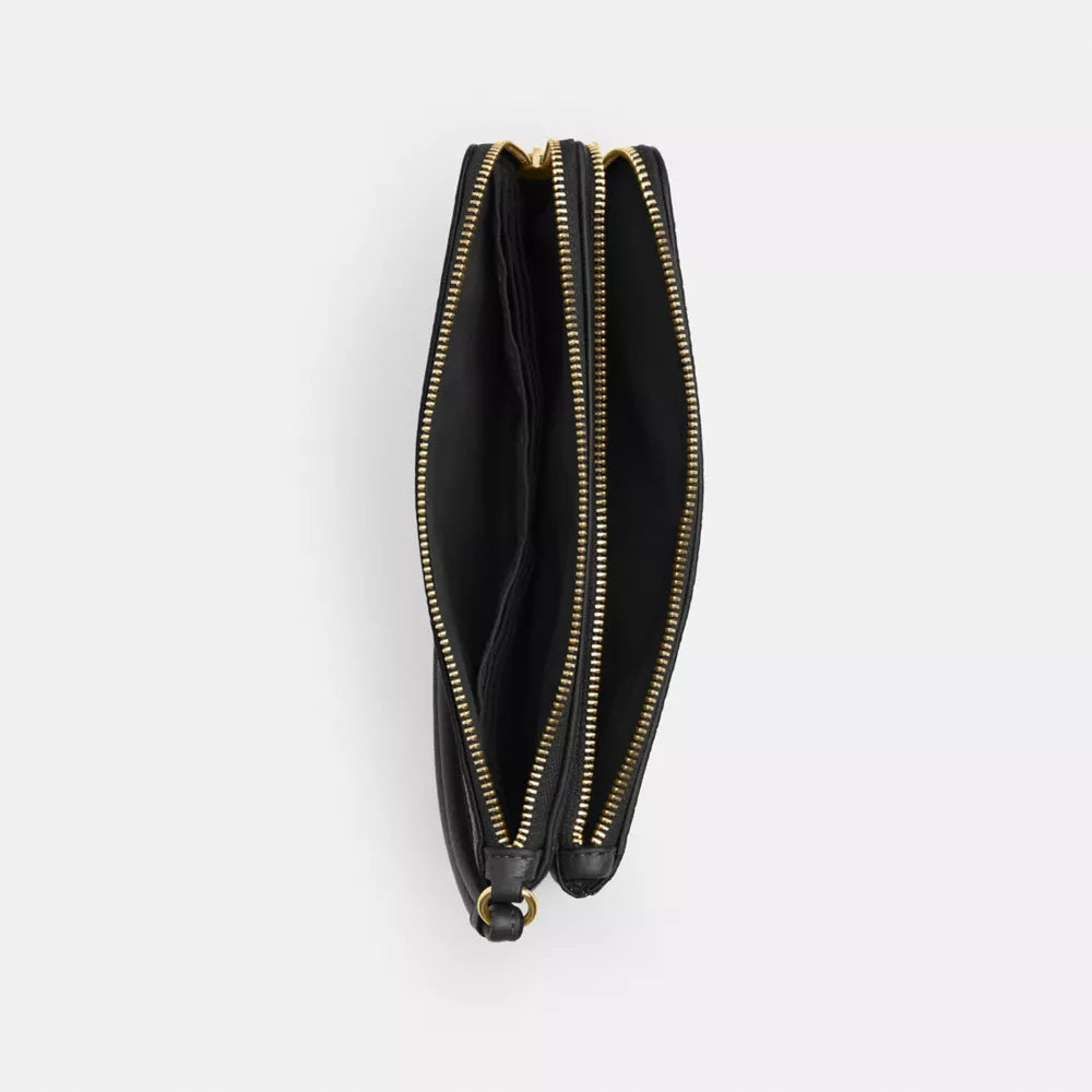 Double Zip Wallet In Signature Canvas - Gold/Walnut/Black