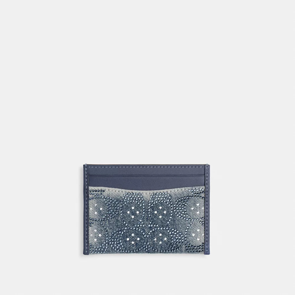 Essential Card Case In Regenerative Cotton Denim With Crystal Signature - Denim-Signature/Brass/Denim