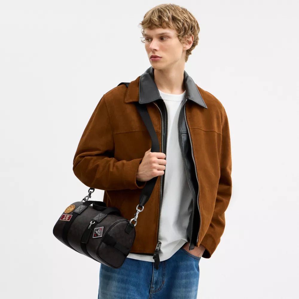 Explorer Duffle Bag 28 In Signature Canvas With Patches - Signature Canvas/Sv/Walnut/Black
