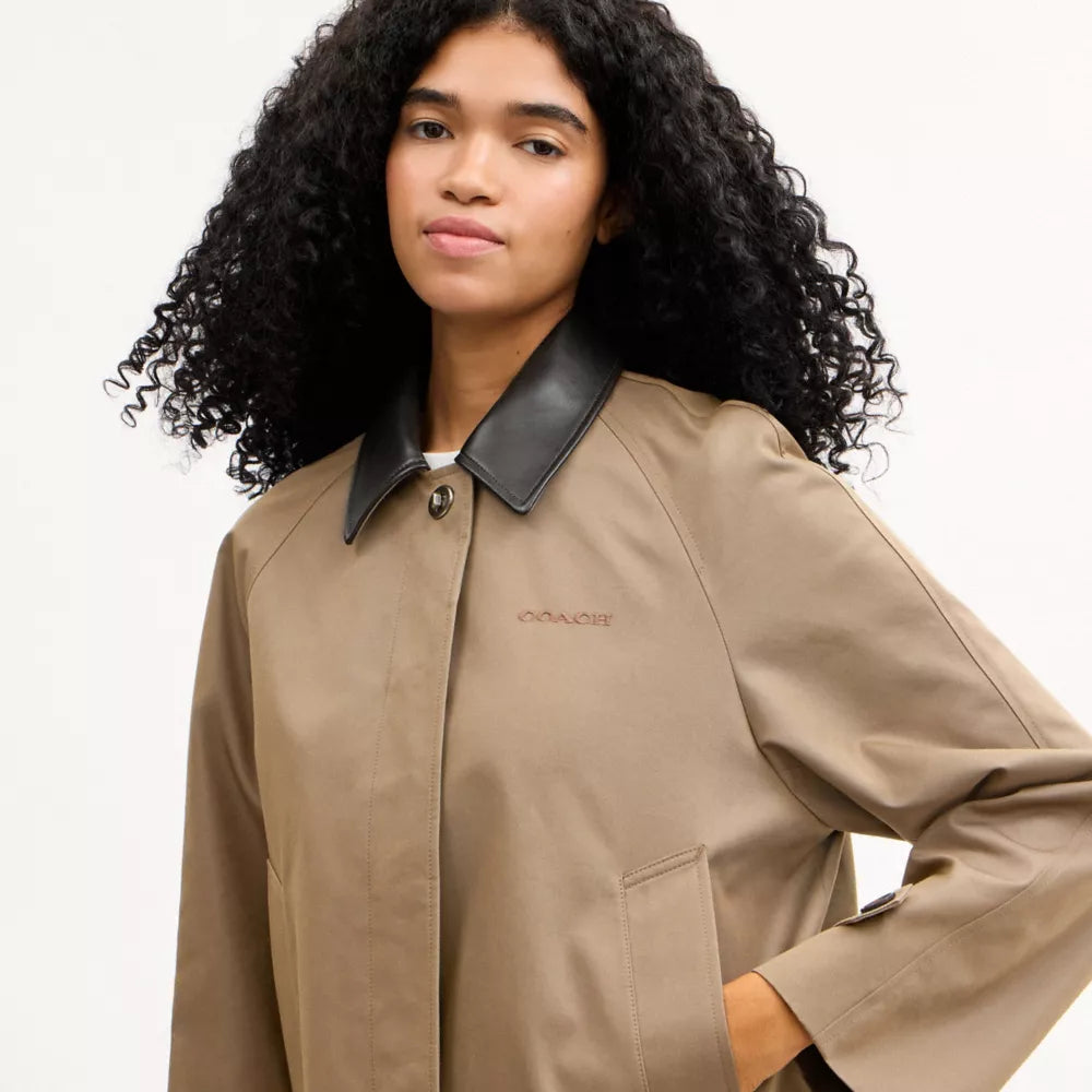 Swing Trench Coat With Leather Collar - Mud