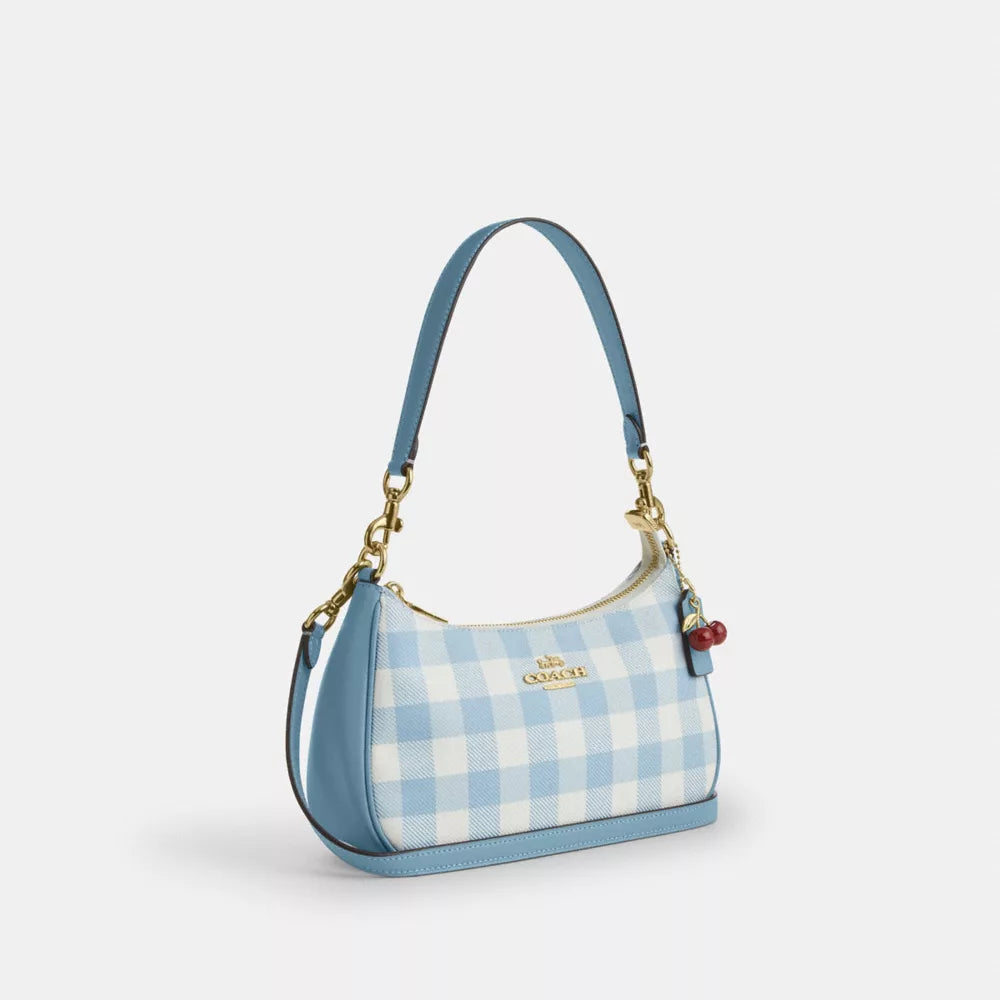 Teri Shoulder Bag With Gingham Print And Charm - Gold/Blue Multi