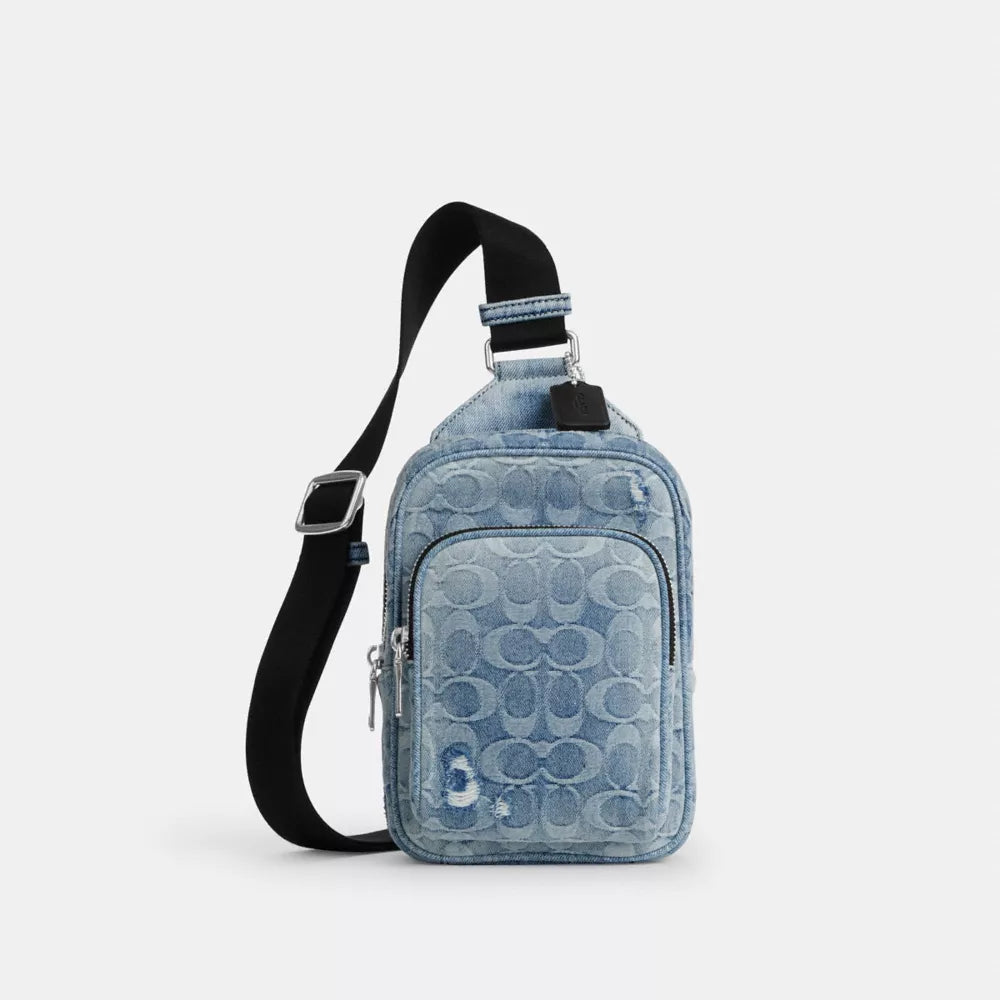 Racer Sling Pack In Loved Signature Denim - Silver/Light Indigo