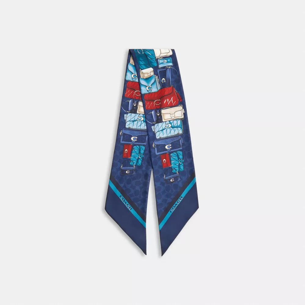 Stacked Tabby Bags Print Silk Skinny Scarf - Navy Multi