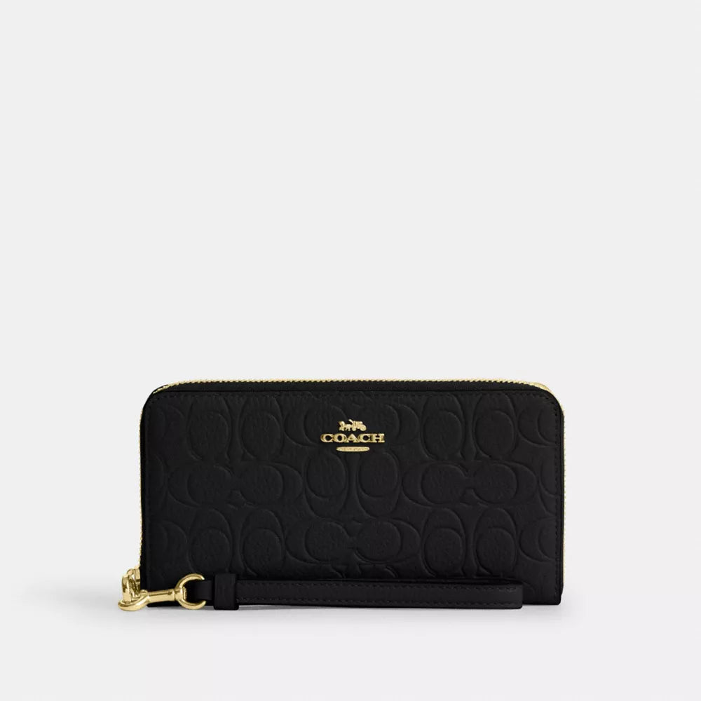 Long Zip Around Wallet In Signature Leather - Pebbled Leather/Gold/Black