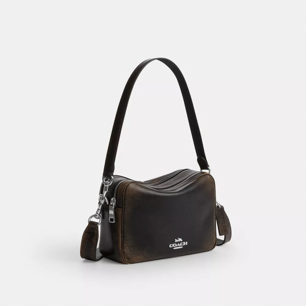 Carey Crossbody Bag In Loved Leather - Silver/Black Brown