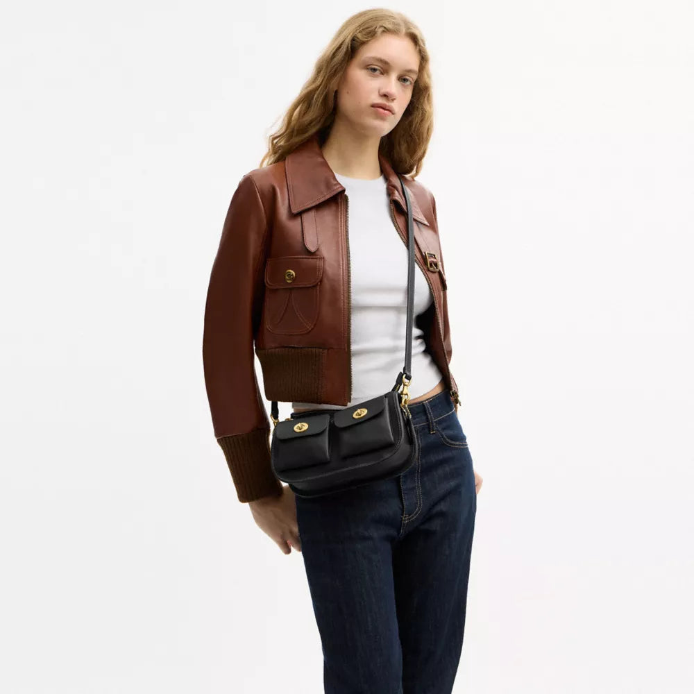 Twin Turnlock Waverly Bag - Natural Grain Leather/Brass/Black