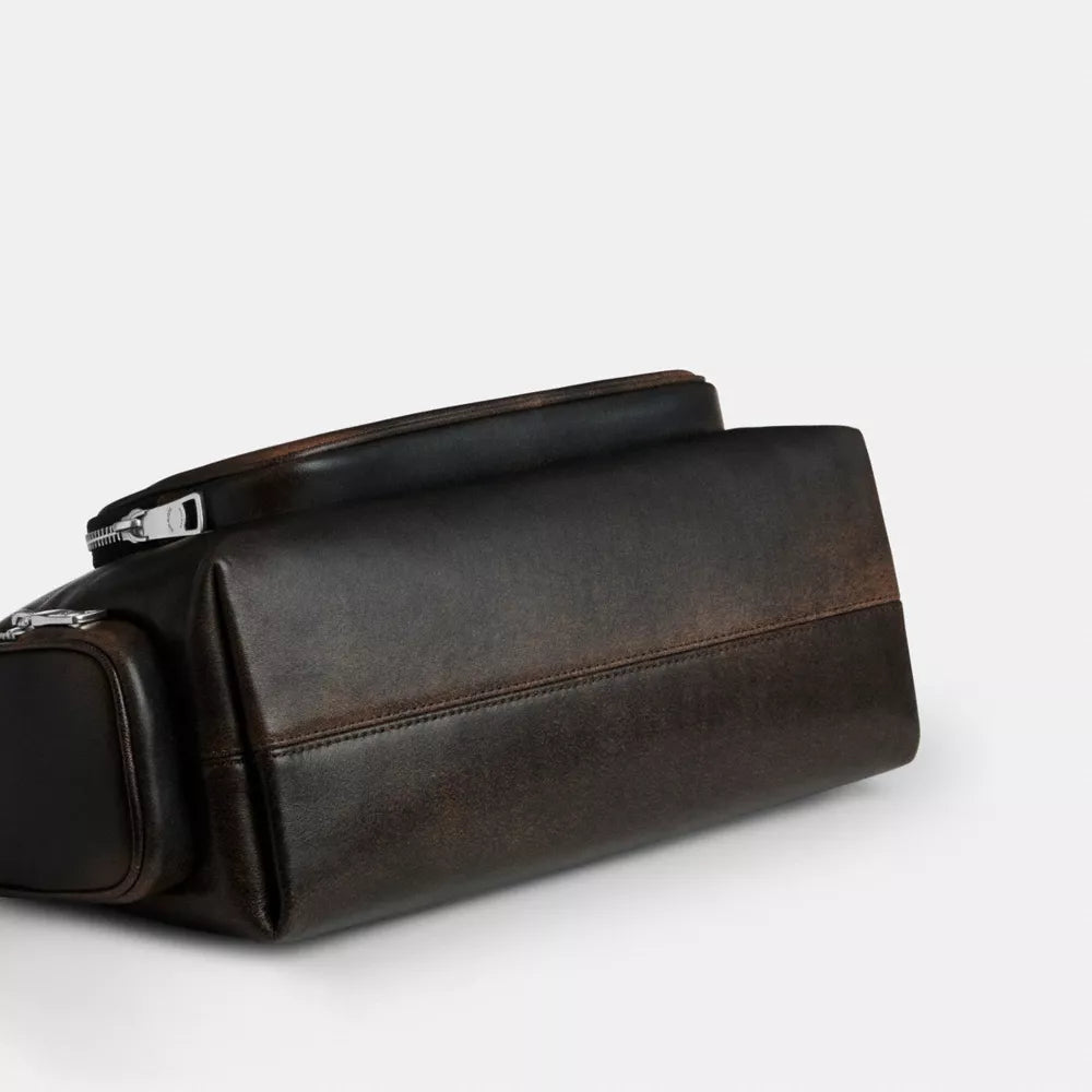 Laurel Shoulder Bag With Pockets In Loved Leather - Silver/Black Brown