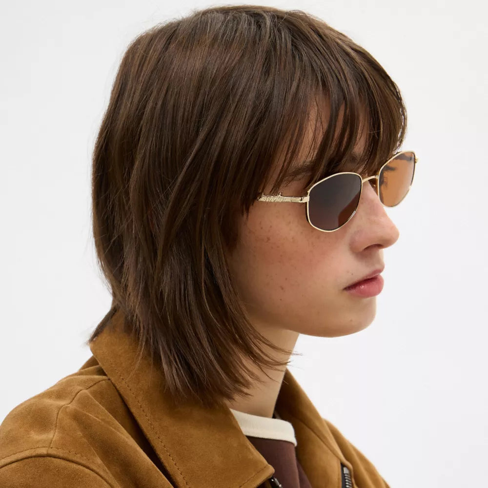 Coach Script Metal Narrow Rectangle Sunglasses - Brown/Gold
