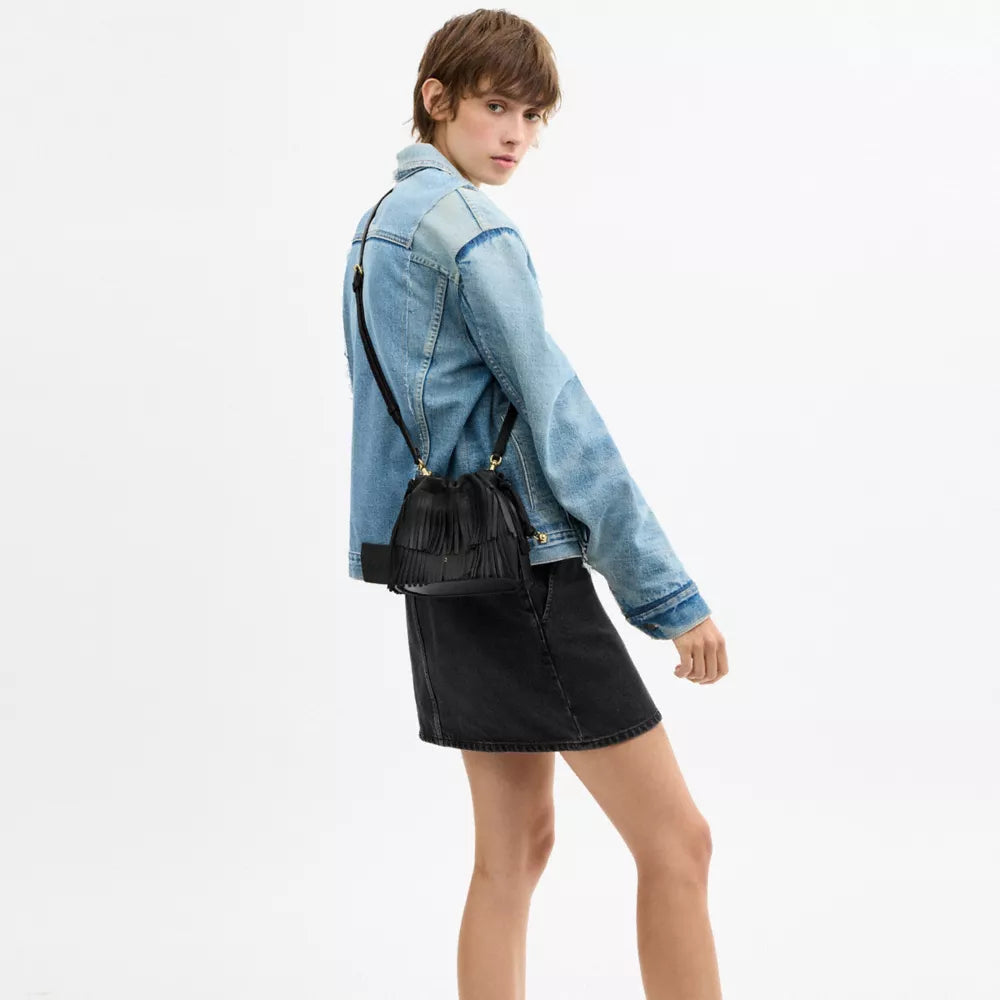 Faye Mini Drawstring Bag With Fringe - Leather/Gold/Black