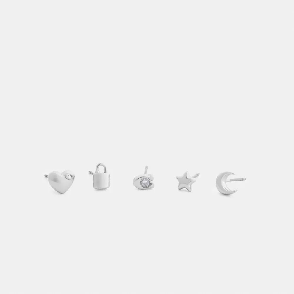 Padlock And Moon Stud Earring Set - Silver