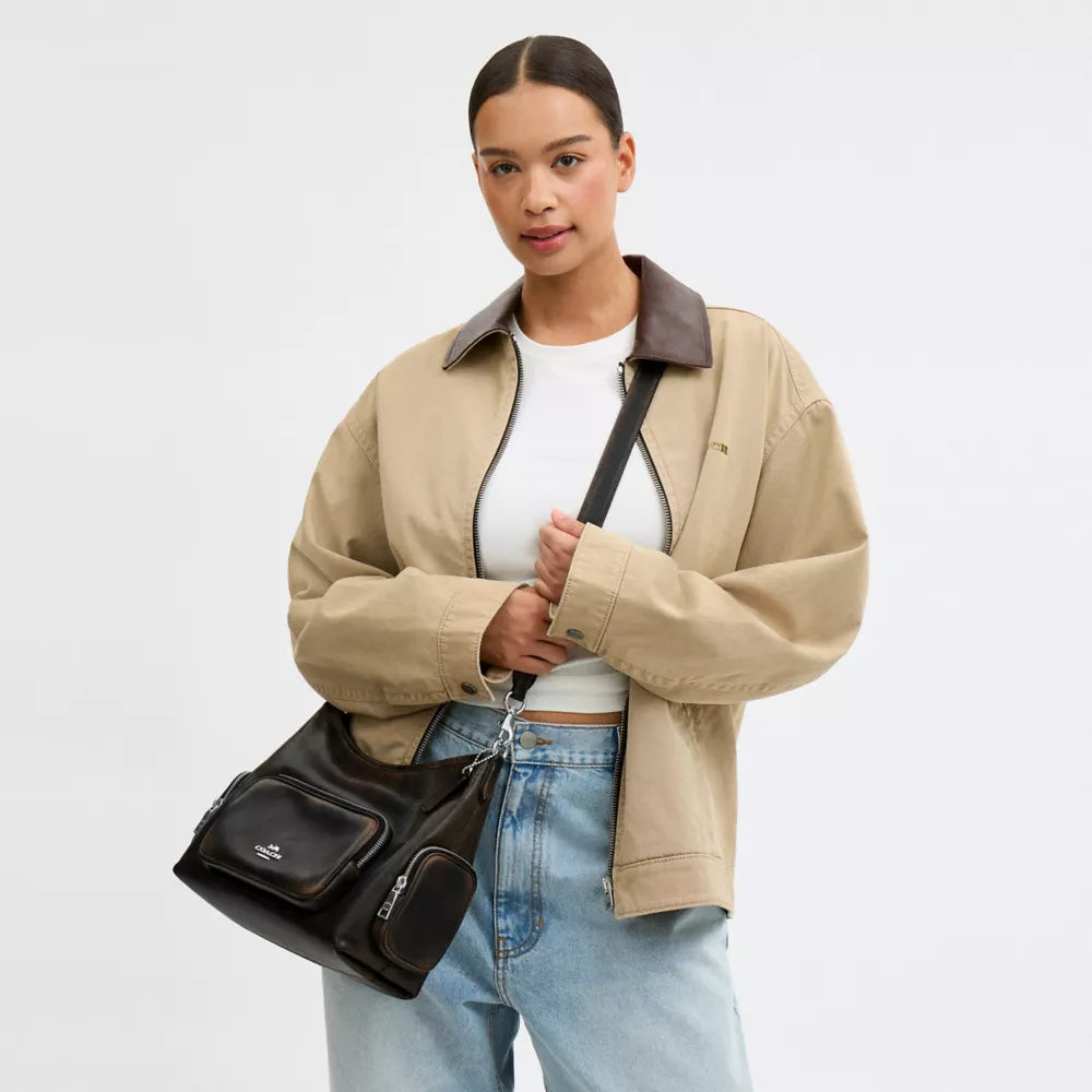 Laurel Shoulder Bag With Pockets In Loved Leather - Silver/Black Brown