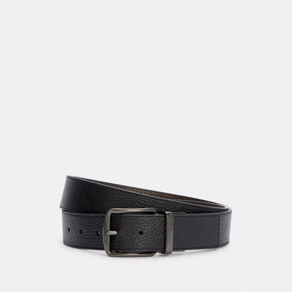 Boxed Harness Buckle Cut-To-Size Reversible Belt, 38MM - Pebbled Leather/Black Dark Brown