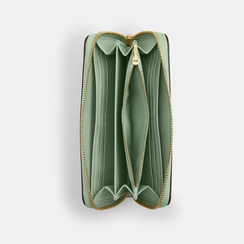 Long Zip Around Wallet With Floral Print - Pebbled Leather/Gold/Pale Green