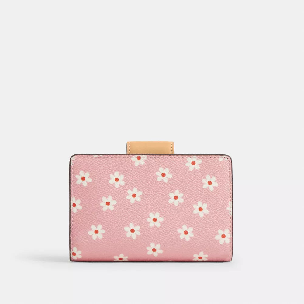 Medium Corner Zip Wallet With Floral Print - Gold/Pink Multi