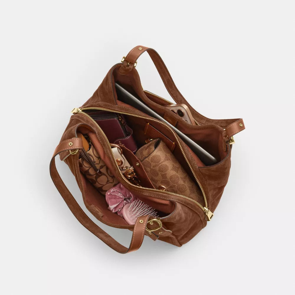 Erin Shoulder Bag - Suede/Gold/Warm Brown