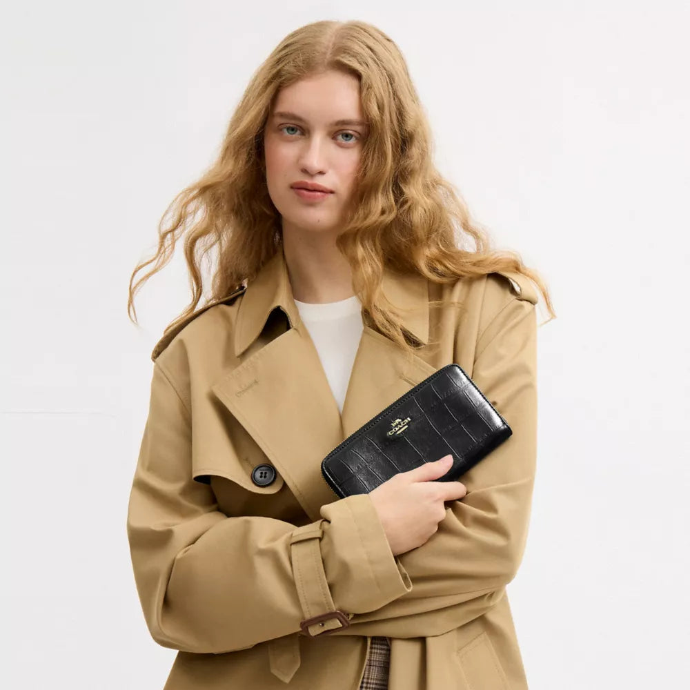 Long Zip Around Wallet - Embossed Crocodile/Gold/Black