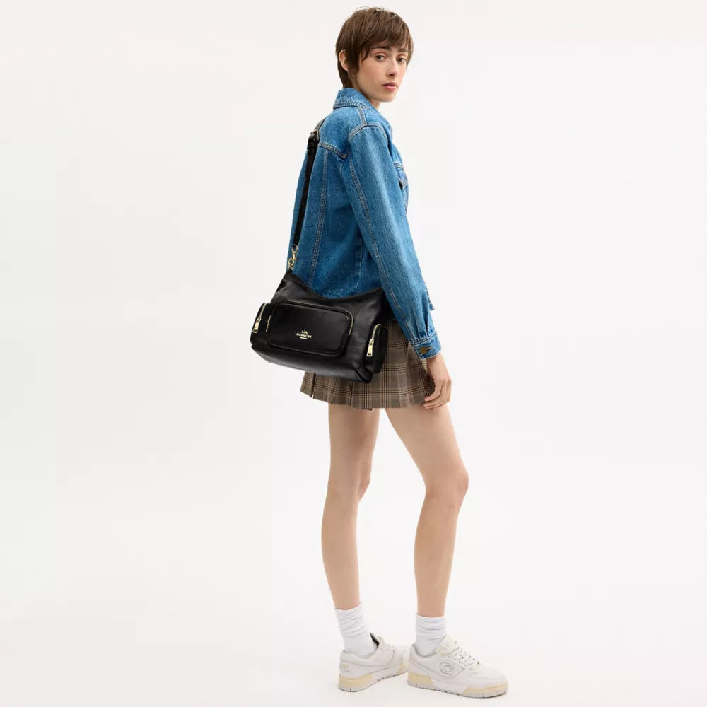 Laurel Shoulder Bag With Pockets - Crinkle Leather/Gold/Black