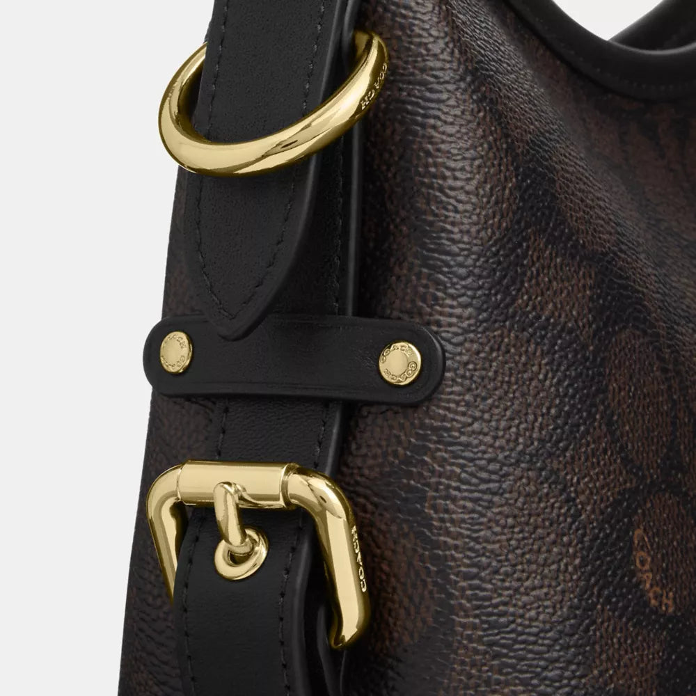 Laurel Shoulder Bag 22 With Buckles In Signature Canvas - Signature Canvas/Gold/Walnut/Black