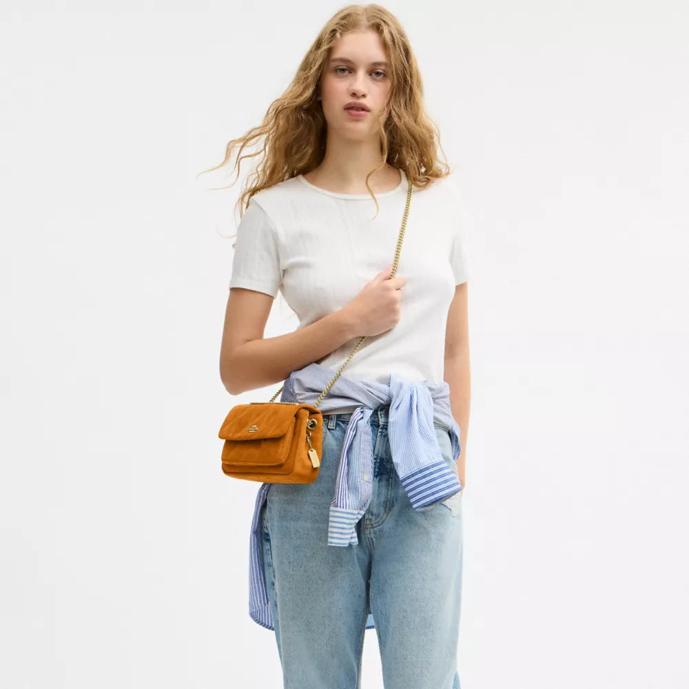 Elodie Crossbody Bag 18 With Quilting - Suede/Gold/Marigold