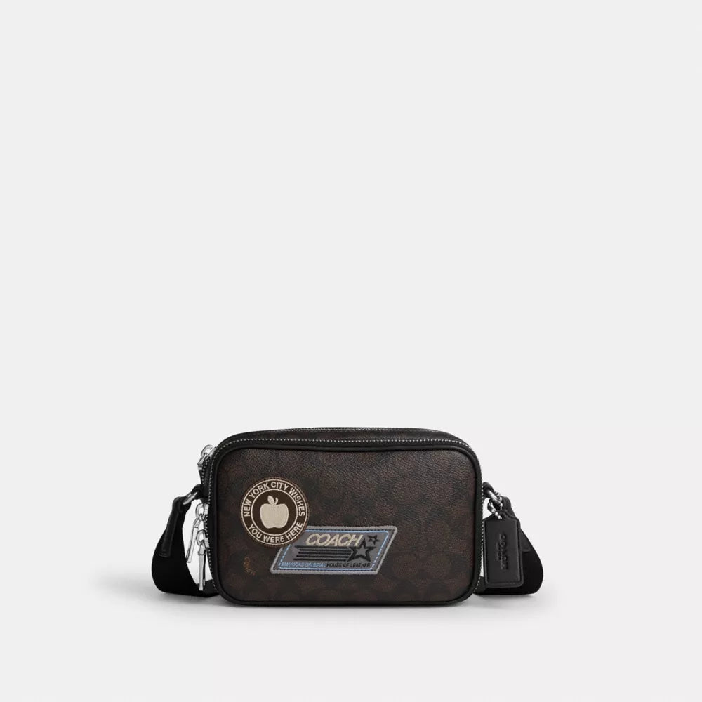 Colton Crossbody Bag 19 In Signature Canvas with Patches - Signature Canvas/SV/Walnut/Black