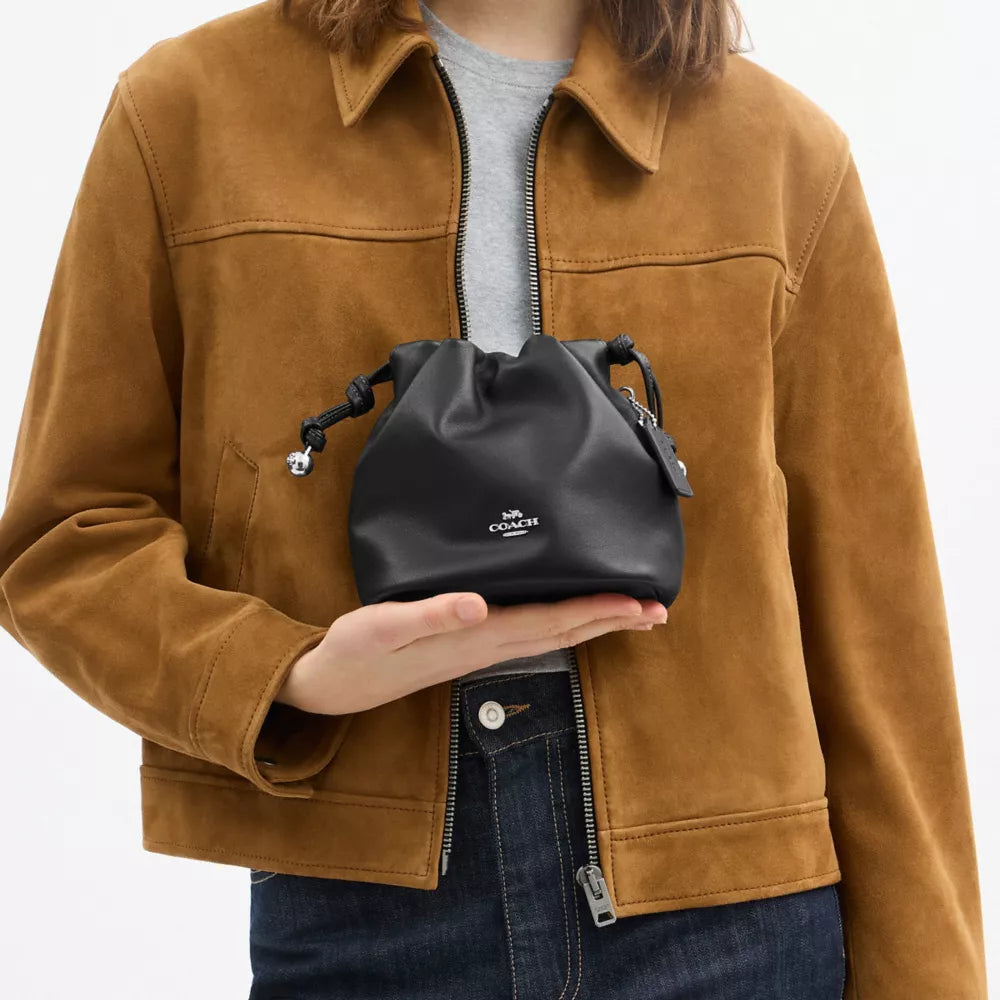 Faye Mini Drawstring Bag - Smooth Leather/Silver/Black