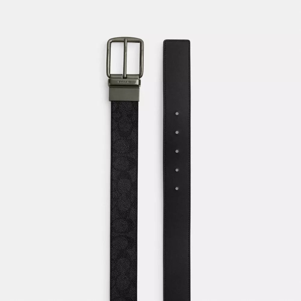 Boxed Plaque And Harness Buckle Cut-To-Size Reversible Belt, 38MM - Signature Canvas/Gunmetal/Charcoal/Black