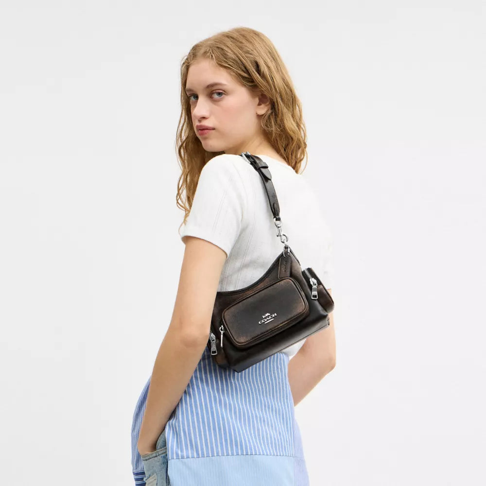 Laurel Shoulder Bag 22 With Pockets In Loved Leather - Silver/Black Brown