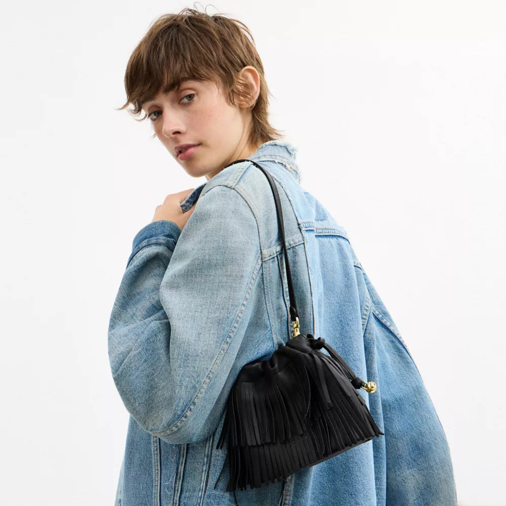 Faye Mini Drawstring Bag With Fringe - Leather/Gold/Black