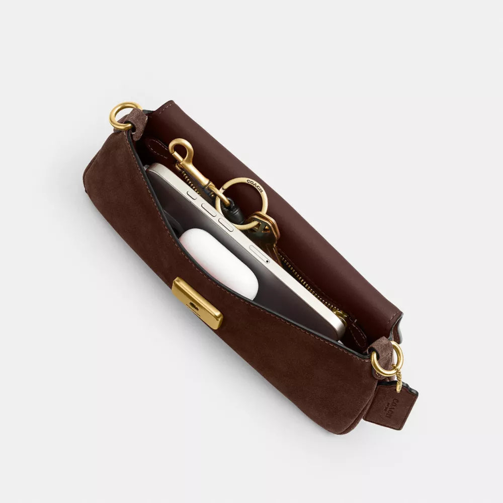 Jet Shoulder Bag - Suede/Brass/Dark Chocolate