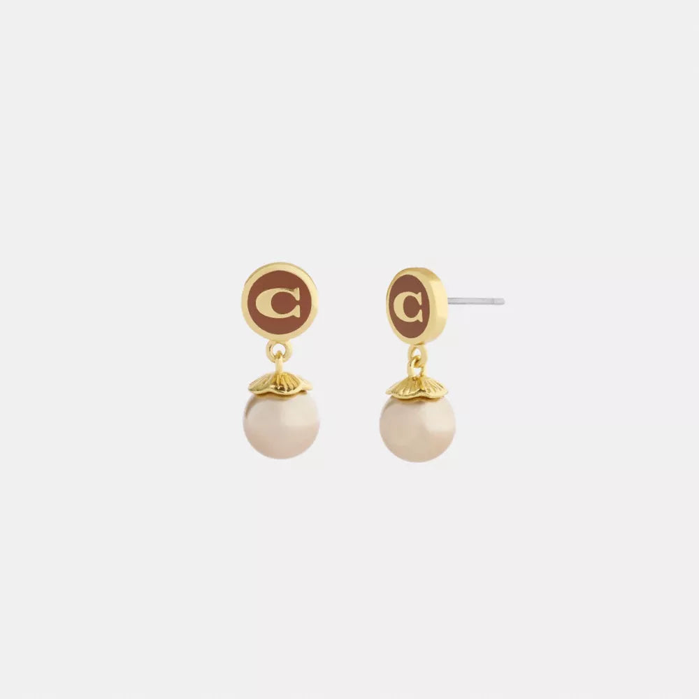 Signature Enamel Coin Pearl Drop Earrings - Gold/Brown