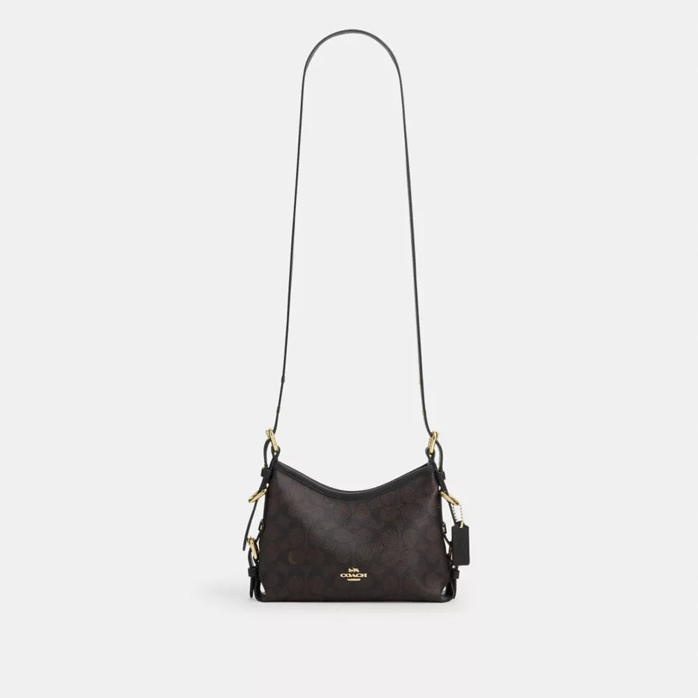 Laurel Shoulder Bag 22 With Buckles In Signature Canvas - Signature Canvas/Gold/Walnut/Black